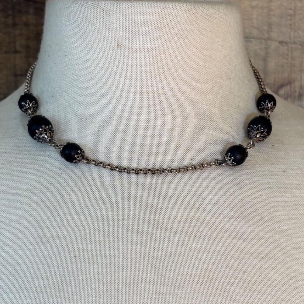 Vintage Style Black Matte Bead Filigree Choker Necklace Silver Tone Toggle 16in